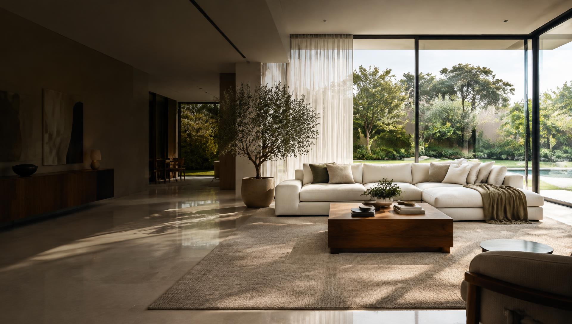 Sala de estar impecável com luz natural e vista para o jardim